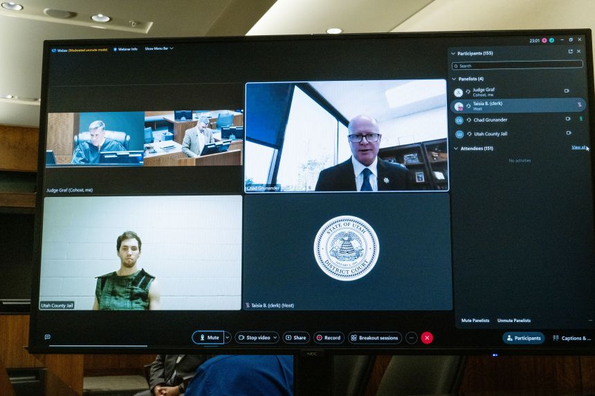 Tyler Robinson, 22, the suspect in the shooting death of Charlie Kirk, appears by camera before Judge Tony Graf in Utah's 4th District Court on Tuesday, Sept. 16, 2025 for his initial appearance in court.