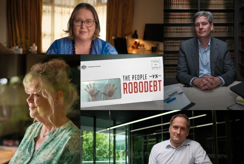 A collage featuring four individuals discussing the 'Robodebt' controversy in Australia, alongside a prominent envelope labelled "The People vs Robodebt." The image highlights personal stories and legal implications related to the automated debt recovery scheme, showcasing the emotional impact on affected individuals.