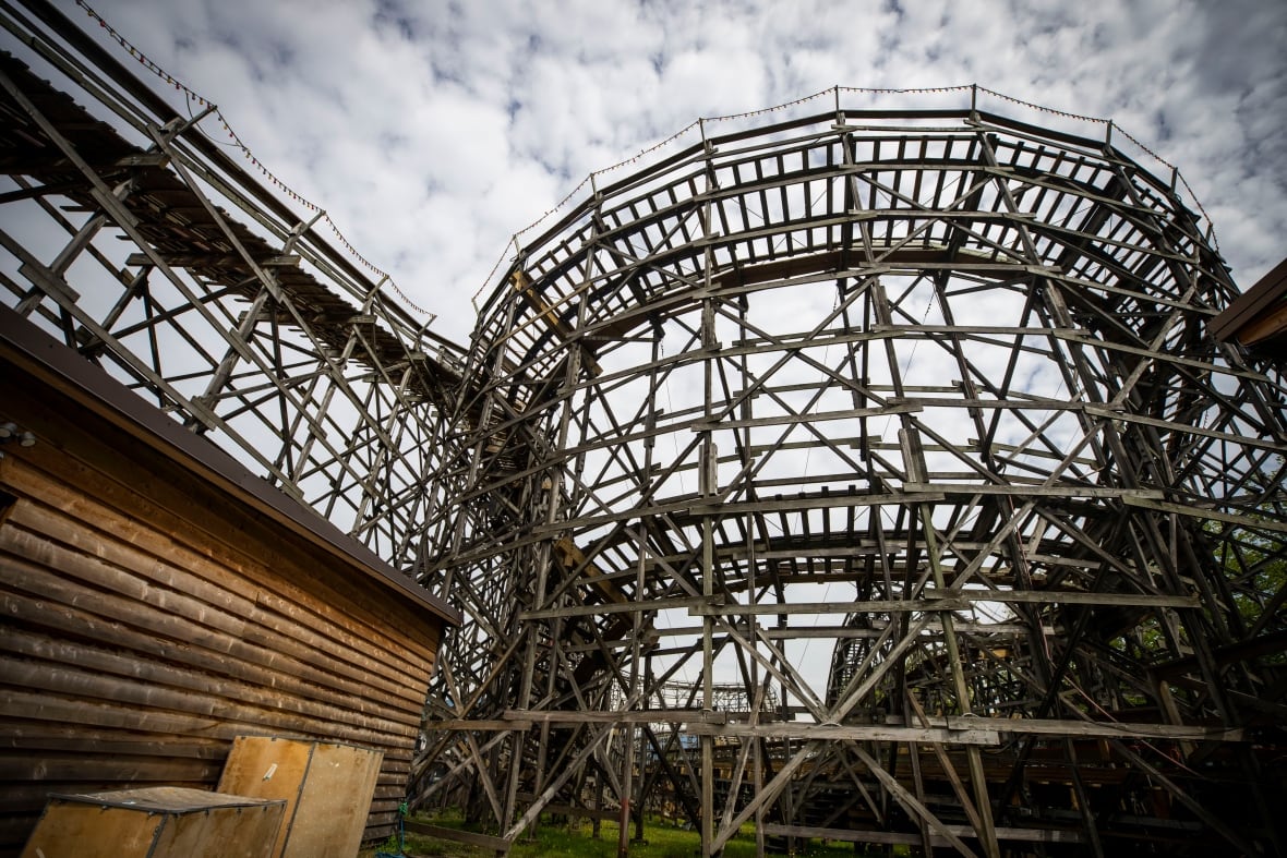 A large wooden rollercoaster.