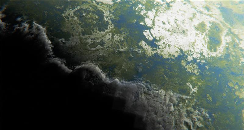 Satellite view of Earth's surface showing a partly cloud-covered region with a distinct line between daylight and darkness, highlighting land, water, and atmospheric patterns.