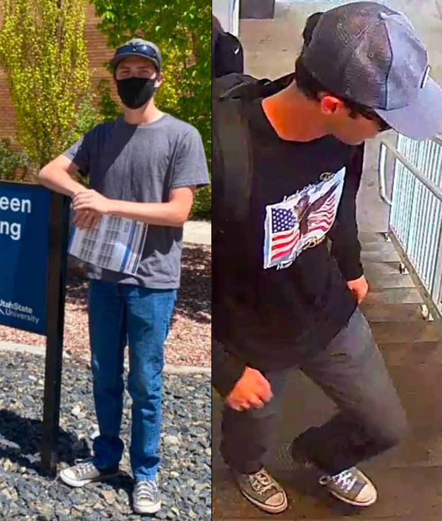 Tyler Robinson is seen in a social media photo on the left wearing Converse shoes that appear similar to those worn by the shooting suspect in a photo released by the FBI on the right.