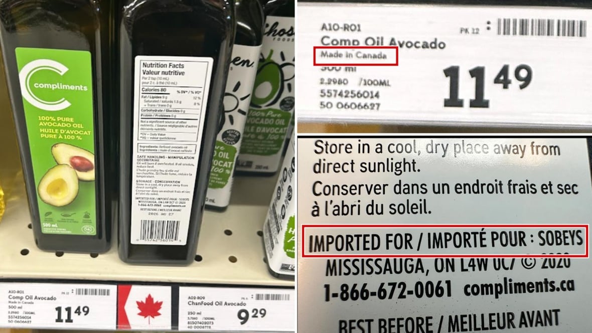 Avocado oil advertised in store with a red maple leaf and a "made in Canada declaration.: