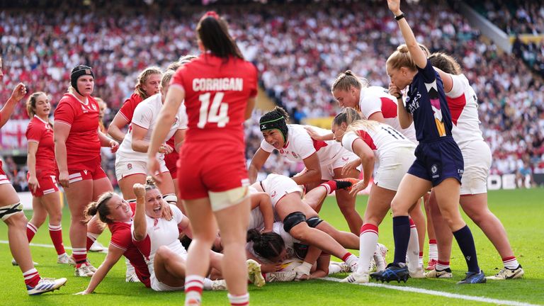 England's Amy Cokayne scores a try during the Women's Rugby World Cup final. Pic: PA