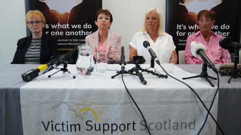 (L-R) Suzanne's Law campaigners Isabelle Thompson and Carol Gillies, the mum and sister of Arlene Fraser, alongside Gail Fairgrieve and Sylvia Pilley, the sister and mum of Suzanne Pilley. Pic: PA