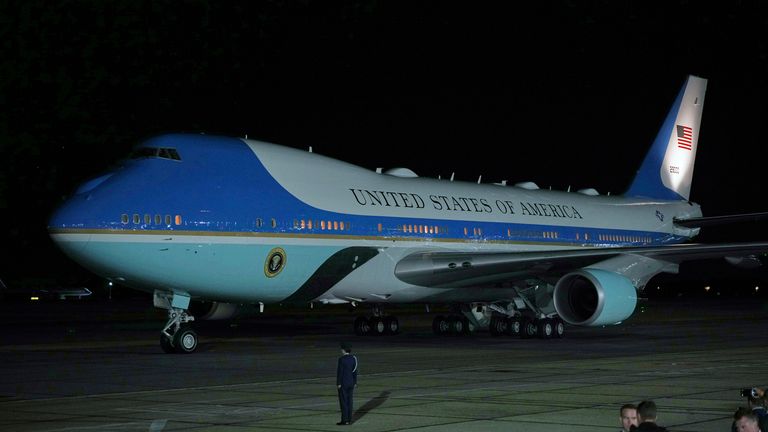 The presidential aircraft touched down at Essex airport London Stansted on Tuesday. Pic: AP
