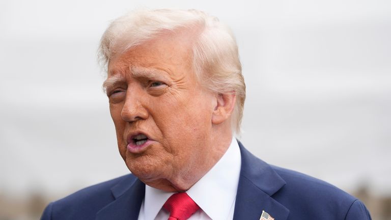 President Donald Trump speaking to reporters outside the White House. Pic: AP/Mark Schiefelbein