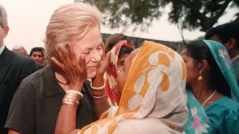 The duchess, who volunteered for Unicef, is greeted in northern India in 1996. Pic: PA