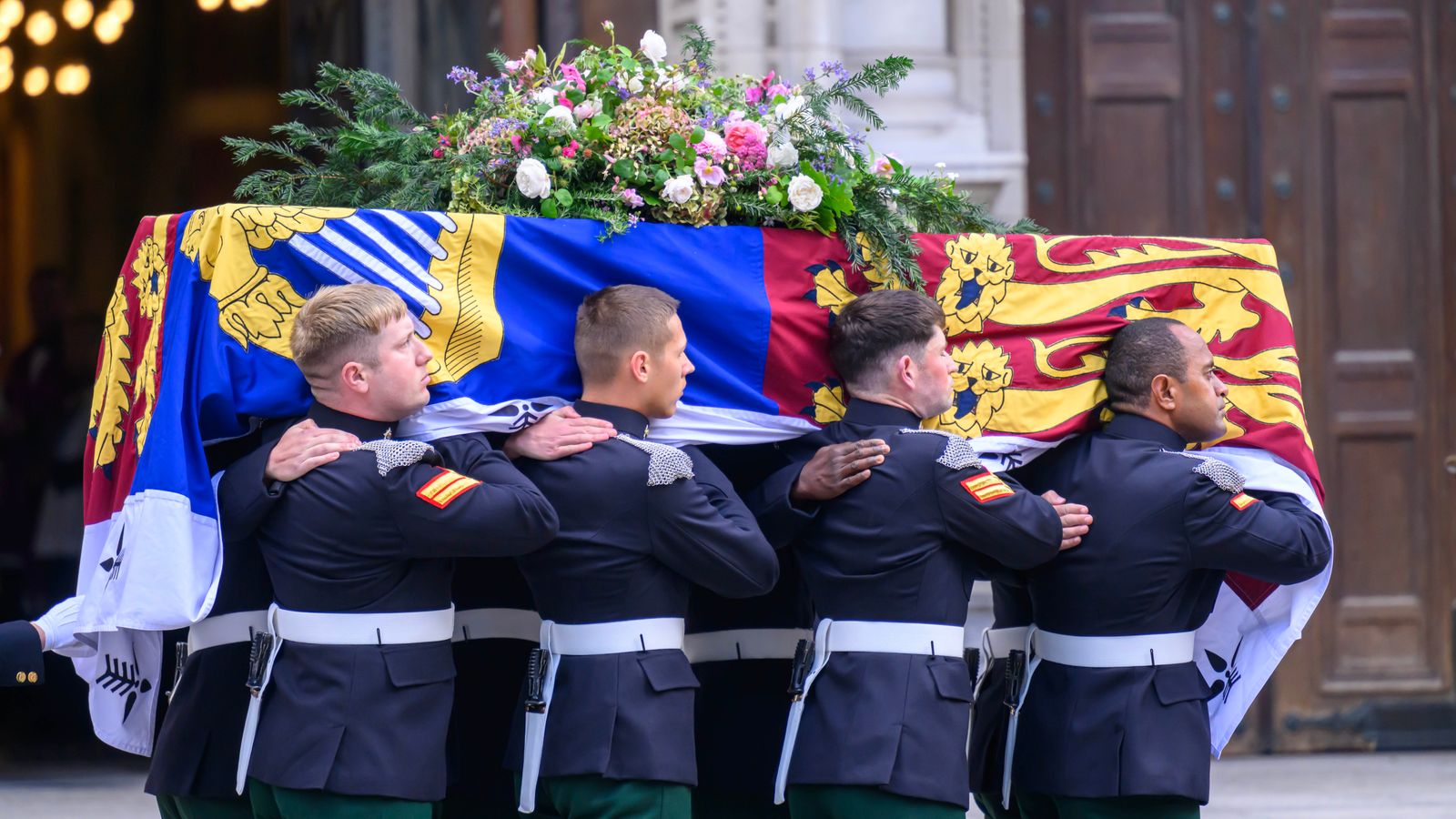 The bearer party carry the coffin of the Duchess of Kent into Westminster Cathedral. Pic: Paul Grover/Daily Telegraph/PA