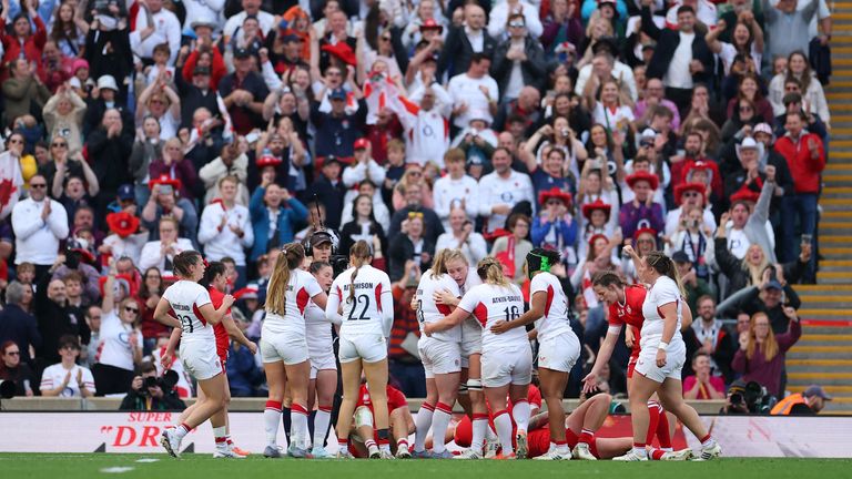 England's Alex Matthews celebrates scoring a try. Pic: Reuters