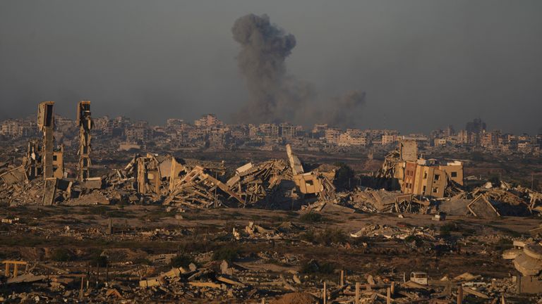 Smoke rising from an Israeli army bombardment in Gaza City on Saturday. Pic: AP