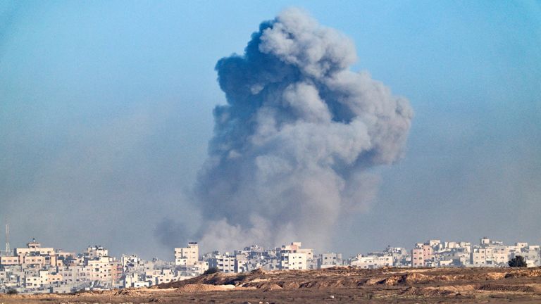 Smoke rises from Gaza after an explosion. Pic: Reuters