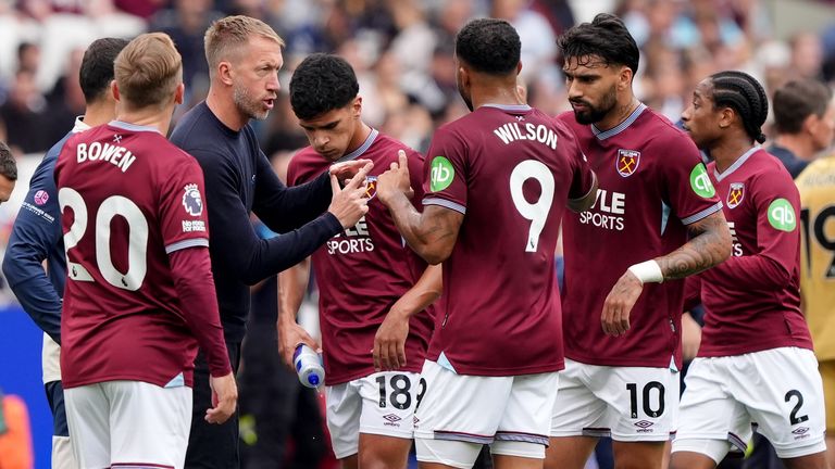 Potter consoles players after their most recent 2-1 loss to Crystal Palace at home. Pic: PA