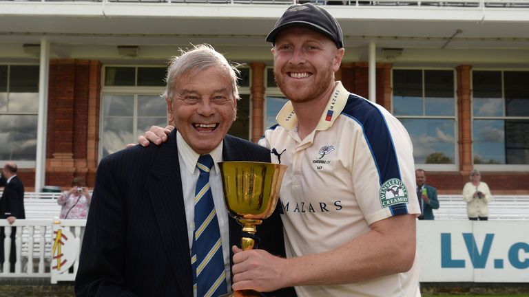 Dickie Bird and Yorkshire captain Andrew Gale with the County Championship trophy in 2015. File pic: PA