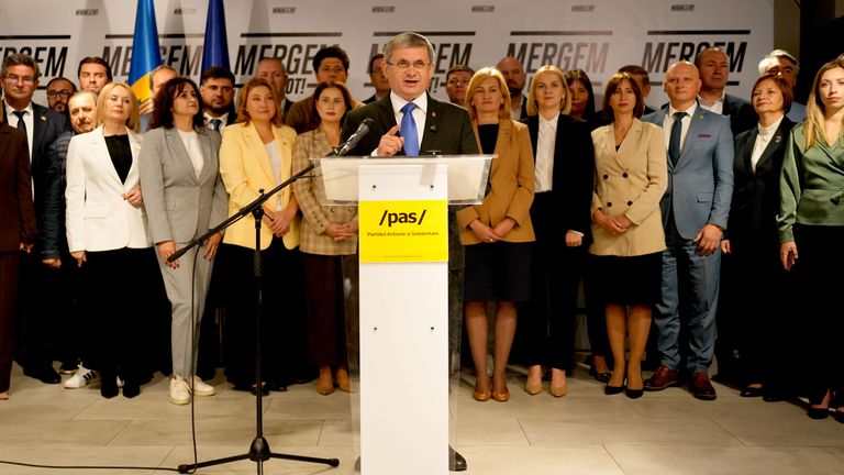 Igor Grosu, president of Moldova's parliament and leader of the pro-EU Party of Action and Solidarity speaks to the media.
Pic: AP