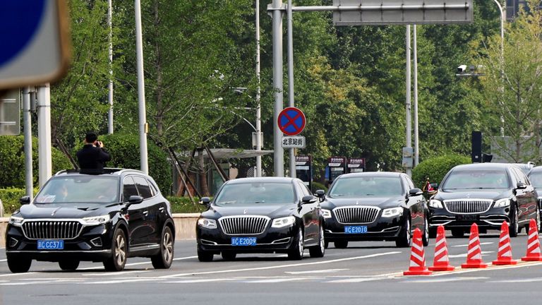 The motorcade believed to be carrying North Korean leader Kim Jong Un leaves Beijing railway station. Pic: Reuters