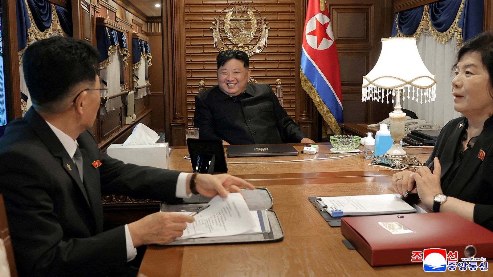 The Korean Central News Agency released this image of Kim Jong Un on his train from Pyongyang to Beijing. Pic: Reuters