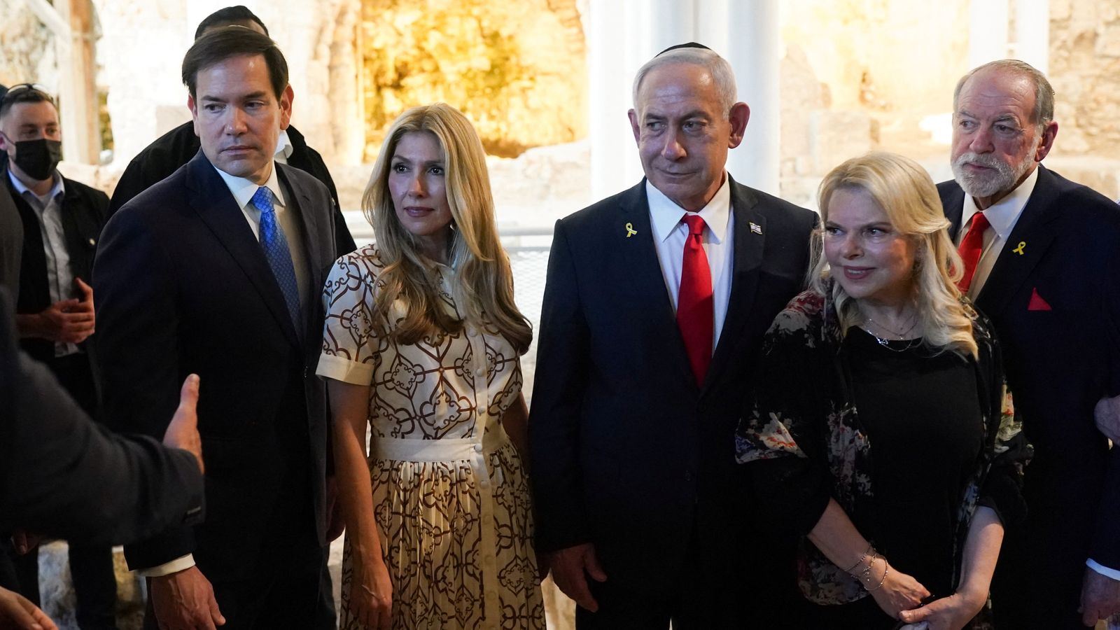 US secretary of state Marco Rubio and his wife Jeanette Dousdebes Rubio, Israeli Prime Minister Benjamin Netanyahu and his wife Sara Netanyahu, and US ambassador to Israel Mike Huckabee. Pic: Reuters