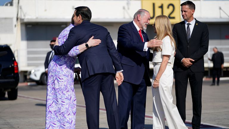 The Rubios being welcomed to Israel by US ambassador to Israel Mike Huckabee and his wife Janet Huckabee. Pic: Reuters