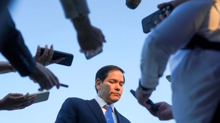Marco Rubio speaks to media as he leaves Tel Aviv for Qatar. Pic: Reuters