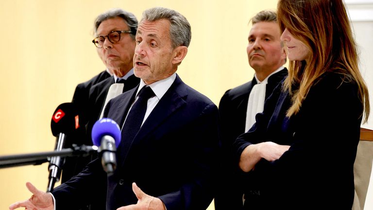 Sarkozy makes a statement after the hearing. Pic Reuters