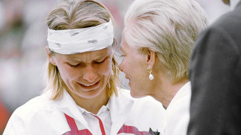 The duchess famously comforted emotional Wimbledon runner-up Novotna after the 1993 final. Pic: AP 