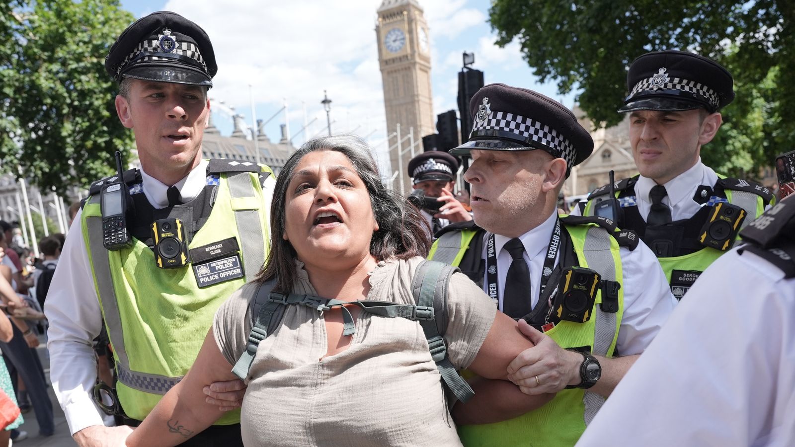 A woman is led away by police officers at a Palestine Action protest in Westminster in August. Pic: PA