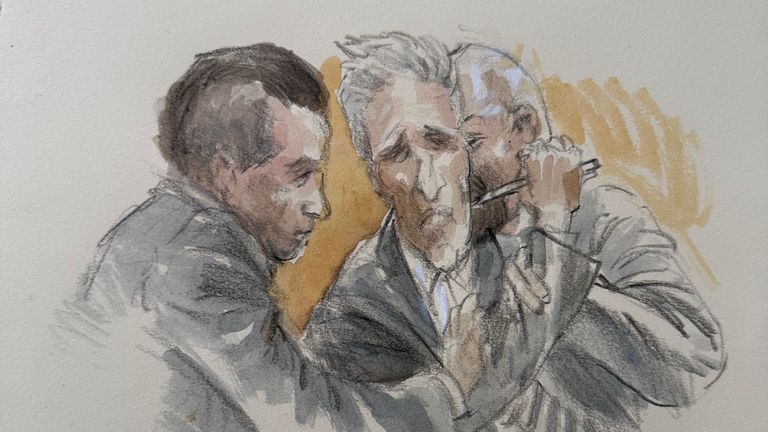 Courtroom sketch shows Ryan Routh trying to stab himself in the neck with a pen. Pic: AP