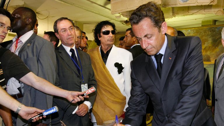 Nicolas Sarkozy (right) and Muammar Gaddafi (second right) in 2007. Pic: Reuters