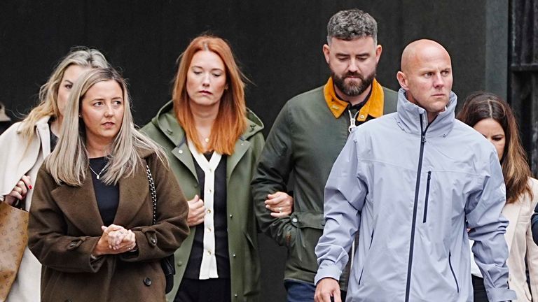 Elsie Dot Stancombe's parents Jenni (left) and David (right) with Bebe King's parents Lauren and Ben (centre) at Liverpool Town Hall. Pic: PA 