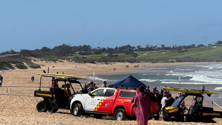 Emergency services on a beach in Sydney, Australia, after a shark attack. Pic: Sky News Australia