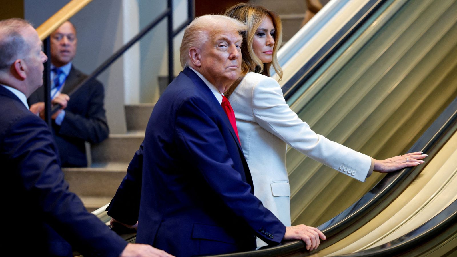 Donald Trump and first lady Melania step on to the escalator as they arrive to attend the 80th United Nations General Assembly. Pic: Reuters