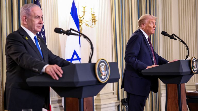 Netanyahu and Trump speaking after the plan was unveiled. Pic: Reuters