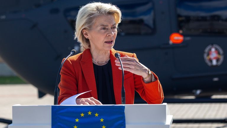 Ursula von der Leyen speaks near the Lithuanian-Belarusian border in Lithuania on 1 September. Pic: AP