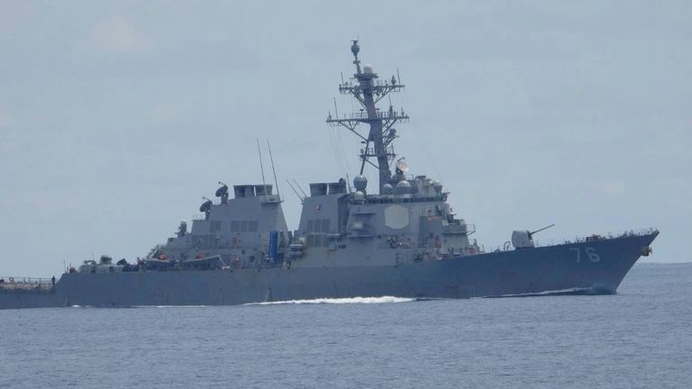 The USS Higgins in the South China Sea in August. Pic: Philippine Coast Guard/AP