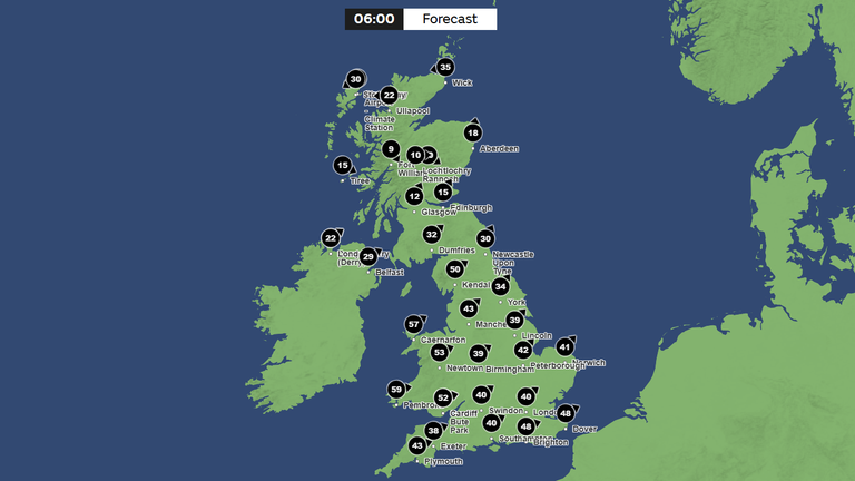 The maximum wind gust speeds forecast for Monday morning. Pic: The Met Office