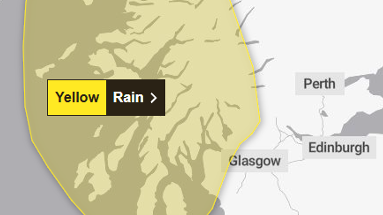 A yellow weather warning for rain is in place from 5pm on Wednesday until 6am on Friday. Pic: Met Office