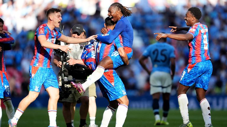 Eberechi Eze (centre right), who left Palace for Arsenal this summer, celebrates winning the FA Cup final. Pic: PA