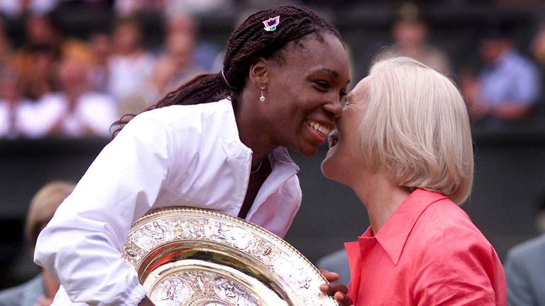Venus Williams receives the women's singles trophy from the duchess in 2001. Pic: Reuters