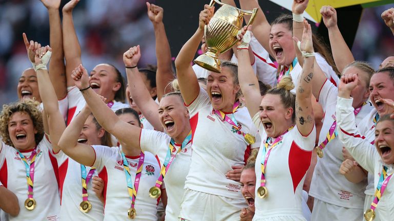 England's Zoe Aldcroft and Megan Jones lift the trophy. Pic: Reuters