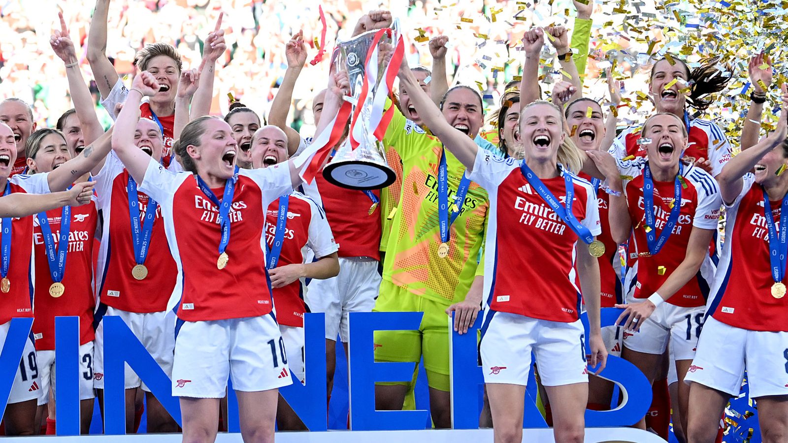 Arsenal lift the Women's Champions League trophy after beating Barcelona