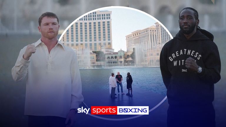 Bud Crawford and Canelo Alvarez face-to-face in true Las Vegas style in front of the  Bellagio hotel's dancing fountains ahead of their colossal fight on Saturday.