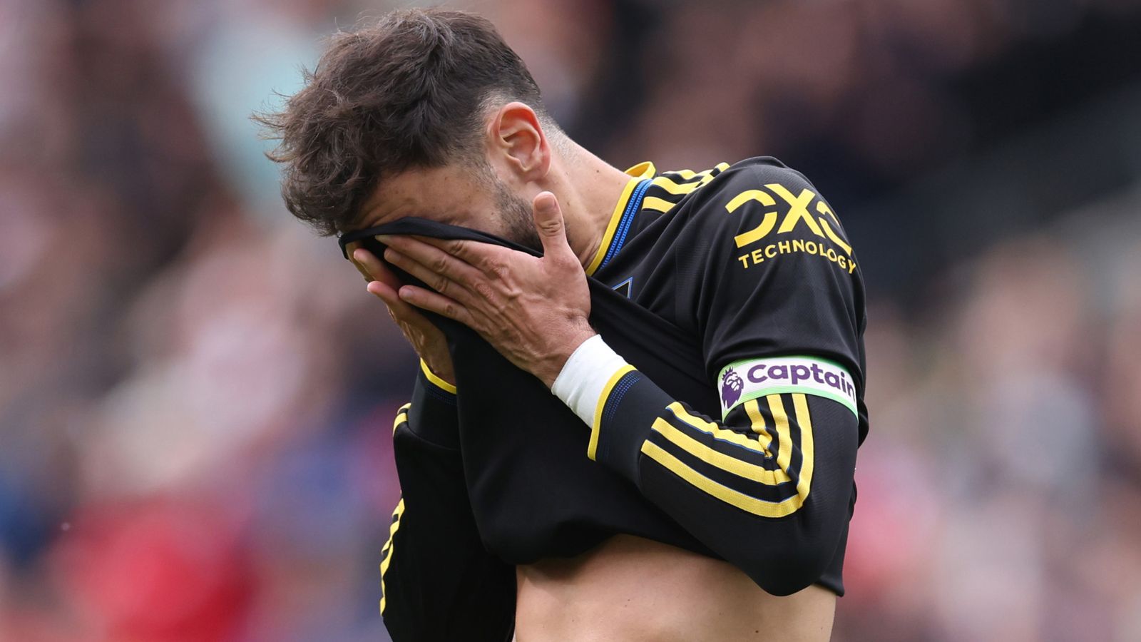 Bruno Fernandes reacts after his penalty is saved