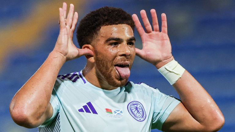 Scotland's Che Adams celebrates scoring to make it 1-0 vs Belarus