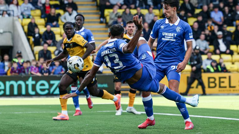 Rangers' Derek Cornelius handles the ball before scoring a goal that is subsequently ruled out his goal after a VAR check