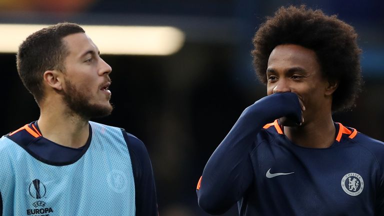 Eden Hazard (left) and Willian together at Chelsea