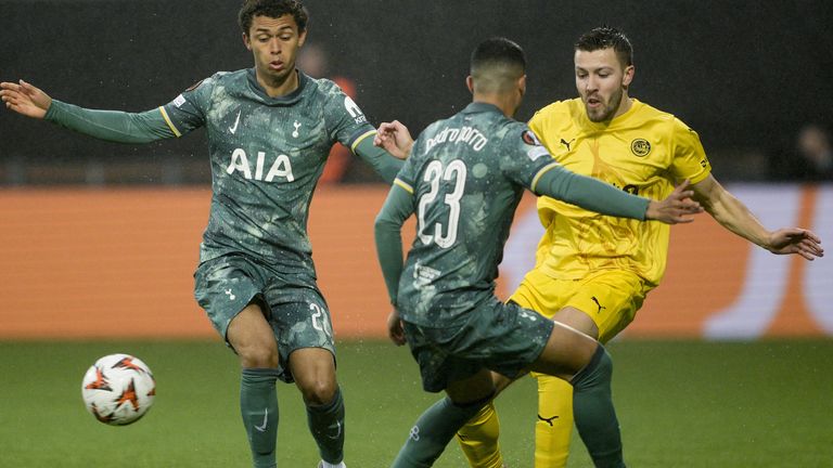 Tottenham's Brennan Johnson (left) and Pedro Porro battle with Bodo/Glimt's Fredrik Bjorkan 