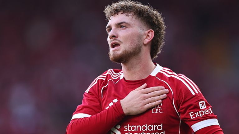 LIVERPOOL, ENGLAND - AUGUST 4: Harvey Elliott of Liverpool celebrates after scoring a goal to make it 4-0  during the pre-season friendly match between Liverpool v Athletic Club Bilbao at Anfield on August 4, 2025 in Liverpool, England. (Photo by Robbie Jay Barratt - AMA/Getty Images)
