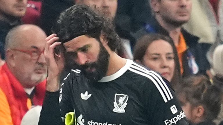 Liverpool goalkeeper Alisson Becker after being substituted against Galatasaray with an injury