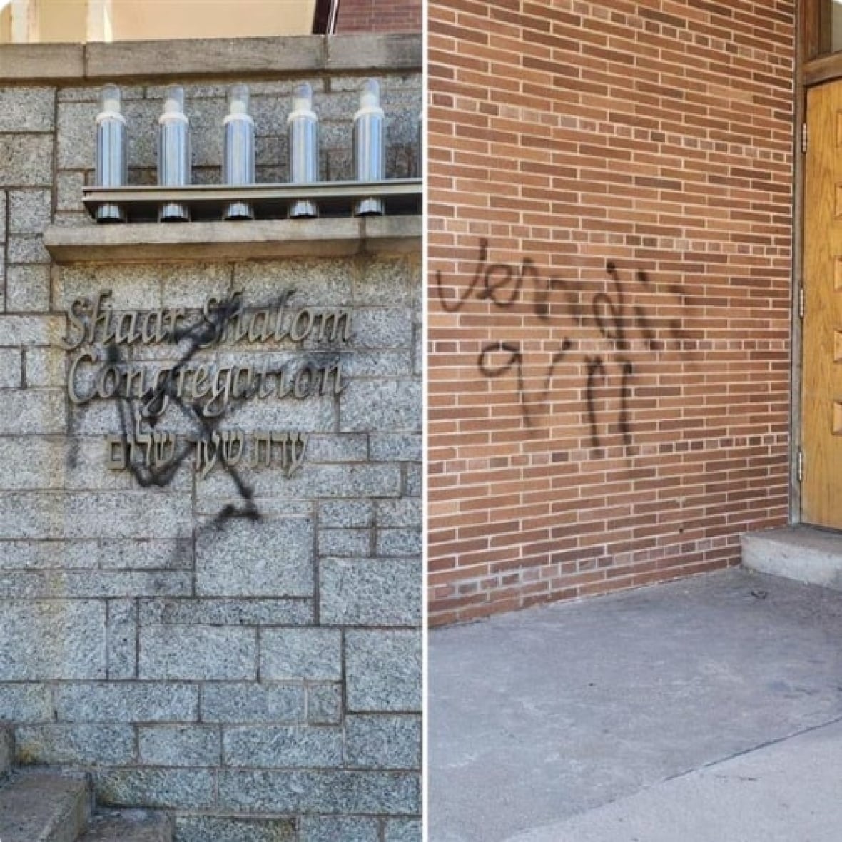 Two side by side photos of defaced synagogues in Halifax.