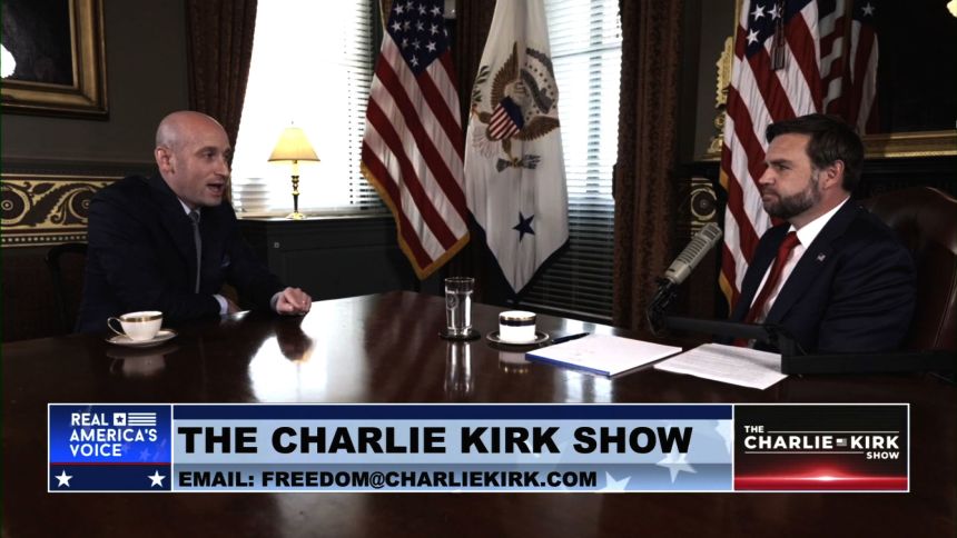 White House deputy chief of staff Stephen Miller speaks to Vice President JD Vance, who is guest hosting an episode of 
